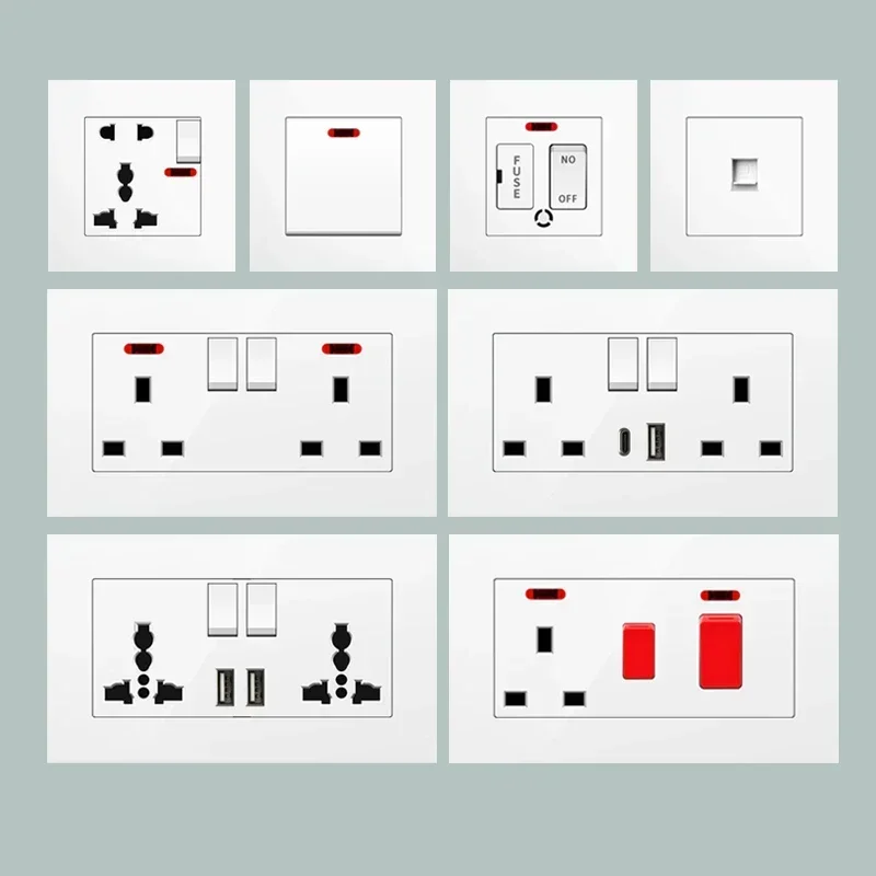 UK 13A Wall Socket with USB Type C 18W Quick Charge Power Outlet,Universal Electrical  Wall Light Switch Dual 3-pin Socket 220V