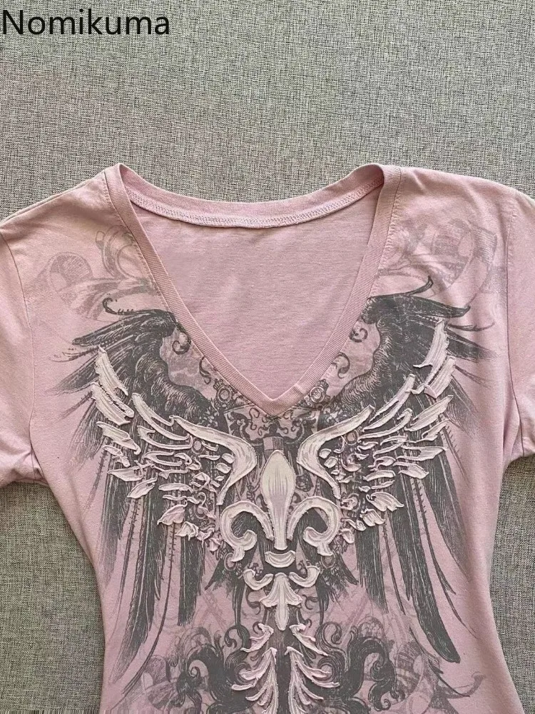 Ropa de Mujer, Camisetas de verano para Mujer, Túnica de manga corta con cuello en V, Camisetas con estampado rosa, Tops cortos, camiseta informal