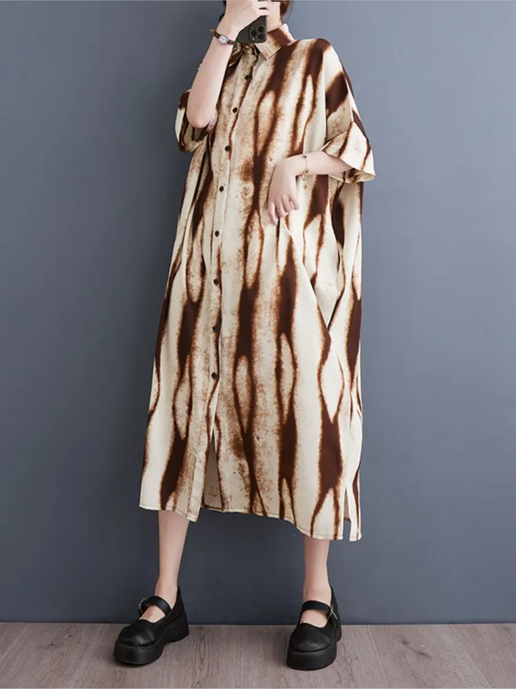 Chiffon Shirt Summer Dress Women Irregular Graffiti Print Fashion Casual Ladies Dresses Oversized Loose Pleated Woman Midi Dress