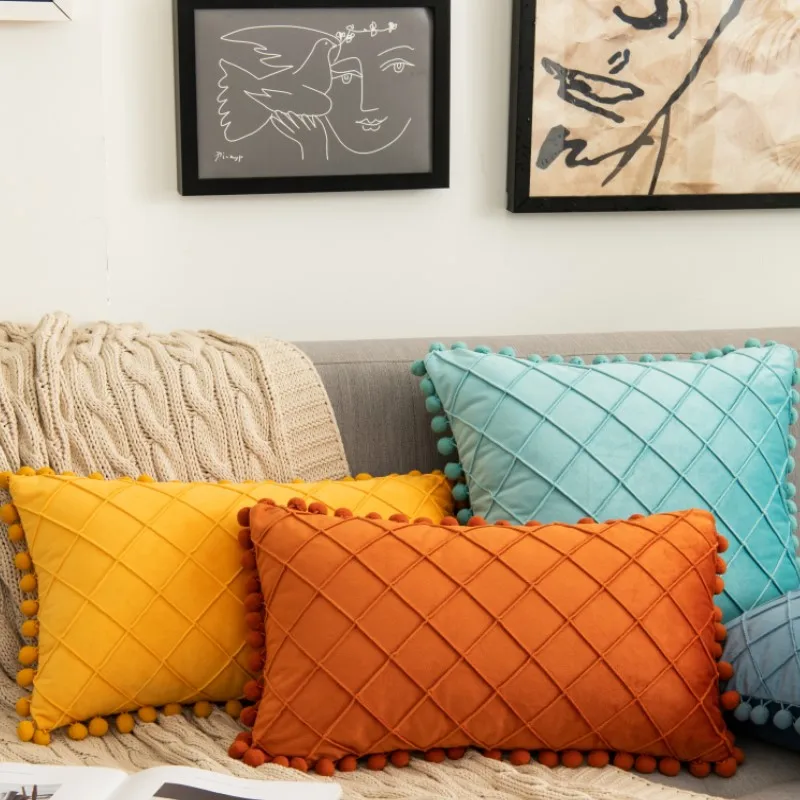 30x50cm 45x45cm Velvet Throw Pillow Cover with Cute Pompom Orange Pleated Decorative Farmhouse Boho Pillowcase Cuscini Divano 방석