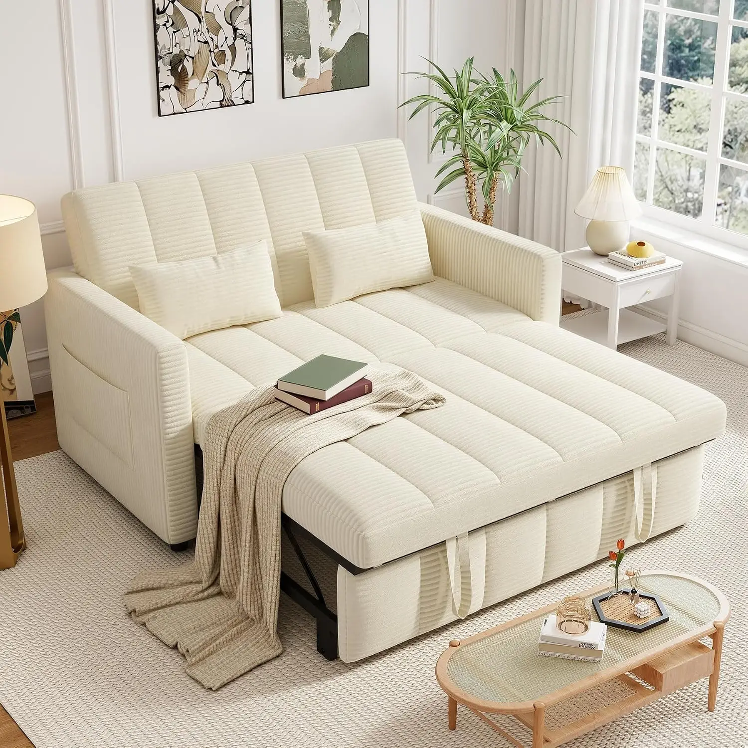 Sleeper Sofa Bed 3-in-1 Convertible Pull Out Adjustable Backrest Living Room Loveseat Side Pockets Easy Assembly, Customized