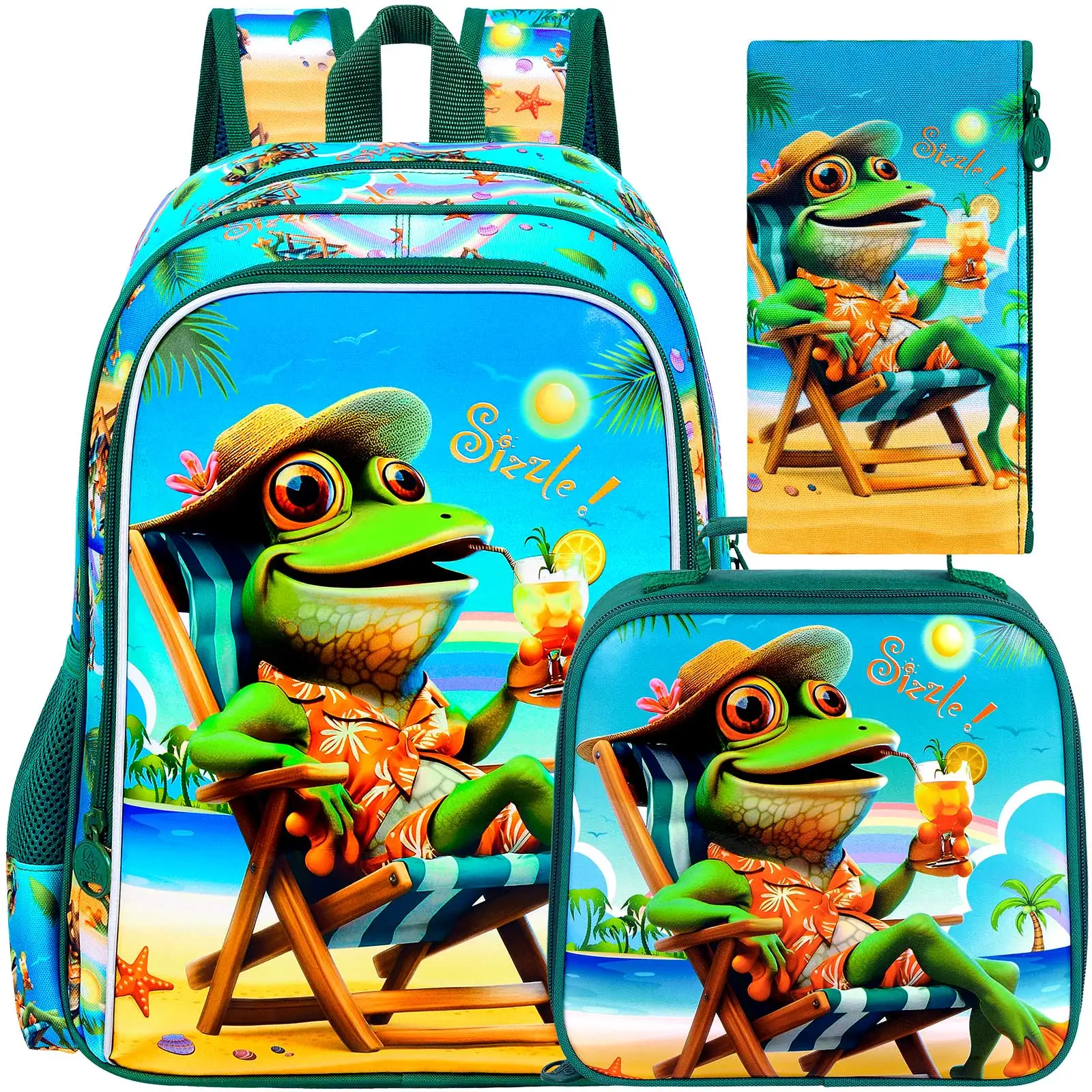 

3Pcs Kids Backpack for Boys, 16" Frog Kindergarten Preschool Elementary Bookbag Set, School Backpacks with Lunch Box(Green)