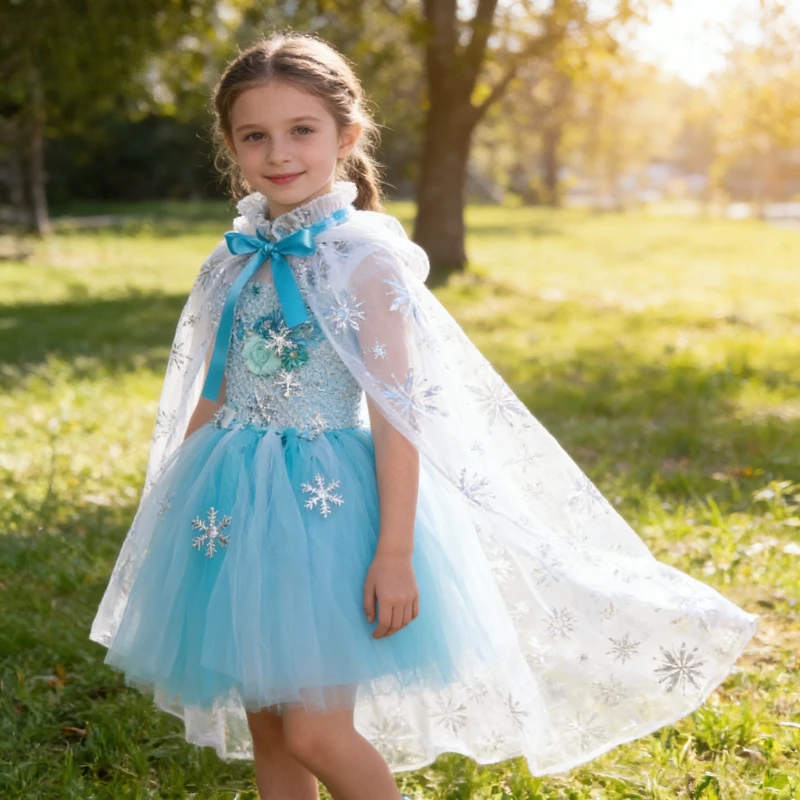 

Blue Tulle Girl Dress, Halloween Christmas Mesh Dress, Girls with Cloak Stage Performance Mesh Dress, Holiday Party Costumes