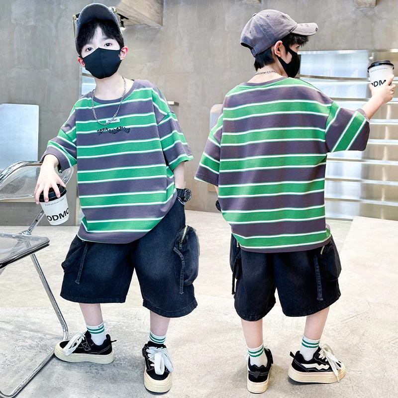 Korean Style Kids Boy Striped Summer Clothing Set T-Shirt Shorts 2PCS Outfit Suit Tween Child School Uniform Costume Tracksuit