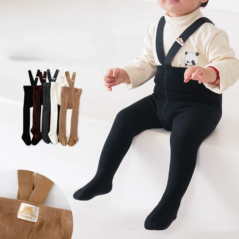 

Newborn Baby Boys Girls Pantyhose Solid High Waist Ribbed Knit Tight Infant Spring Autumn Strap Leggings