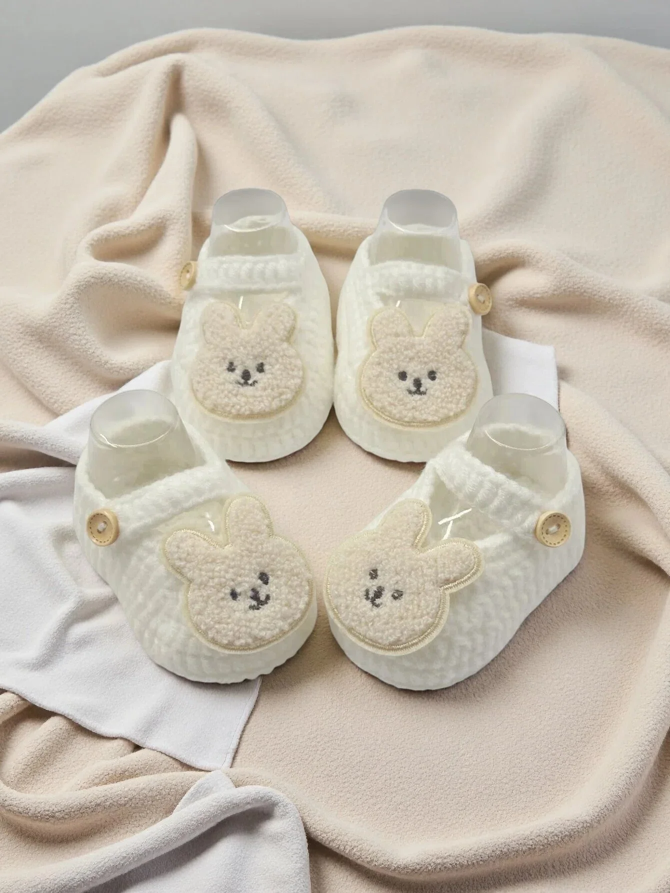 2 Pairs Knit Baby Booties with Cute Rabbit Embroidery, White, Soft Crochet Infant Shoes with Button Strap