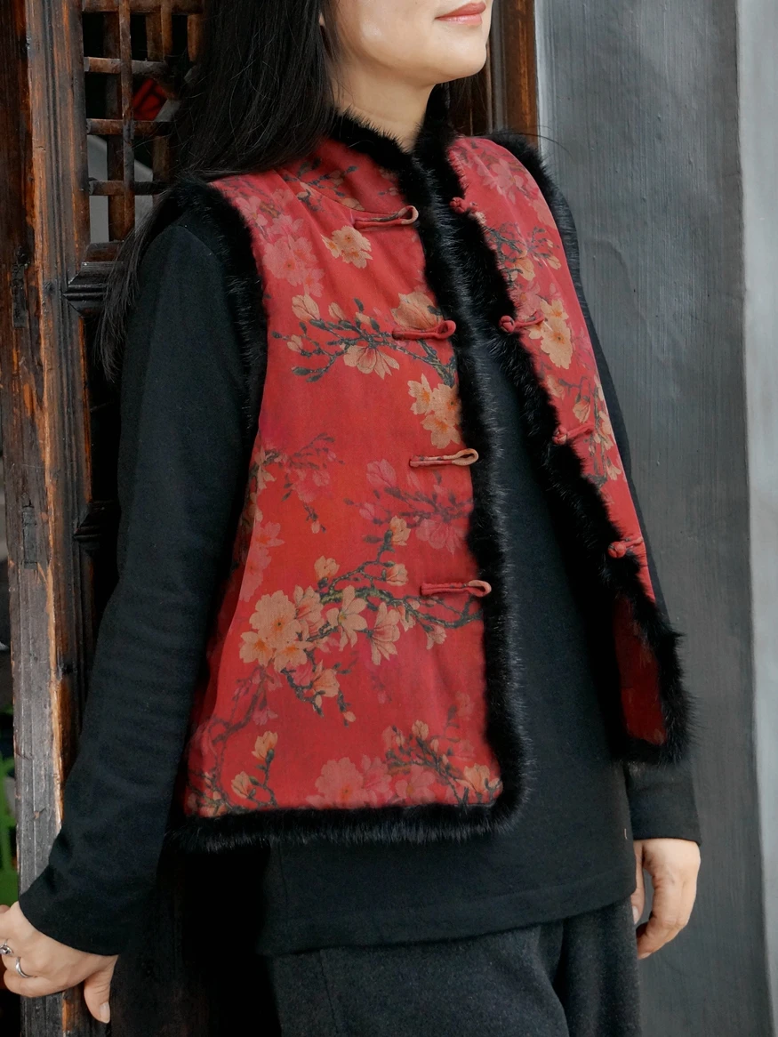 

Original k Red Flower Bla Cotton Silk Women's Vest Chinese Sle Winter Faion Outerwear by Guizhongyuan