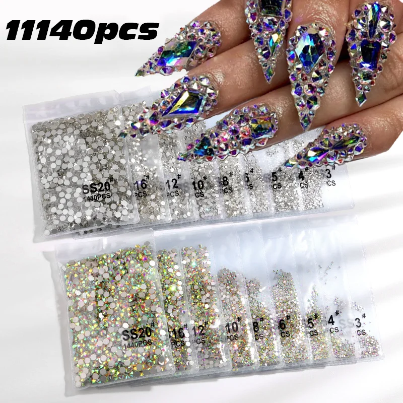 1440Pcs SS3-SS16 20 AB/Clear Round Nail Diamond Flatback Non Hot 3D Mini Nail Crystal Rhinestones Top Glitter Nail Accessories &