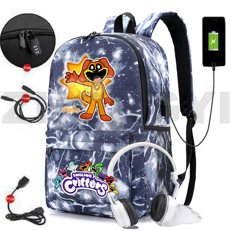 Canvas Smiling Critters Game Backpack Teenager College Notebook Urban Anti-theft Mochilas USB Charging School Back Pack for Boys