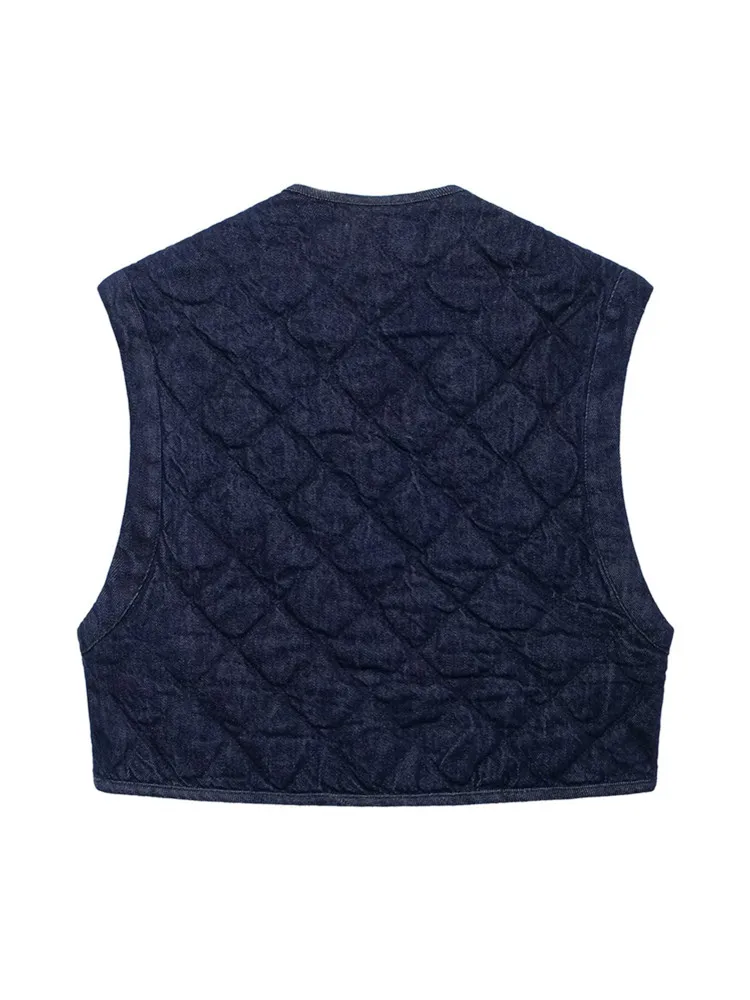 Zevity Women Vintage Open Stitching Denim Quilted Cotton Vest Jacket Ladies Retro Leisure Slim Short WaistCoat Crop Tops CT7313