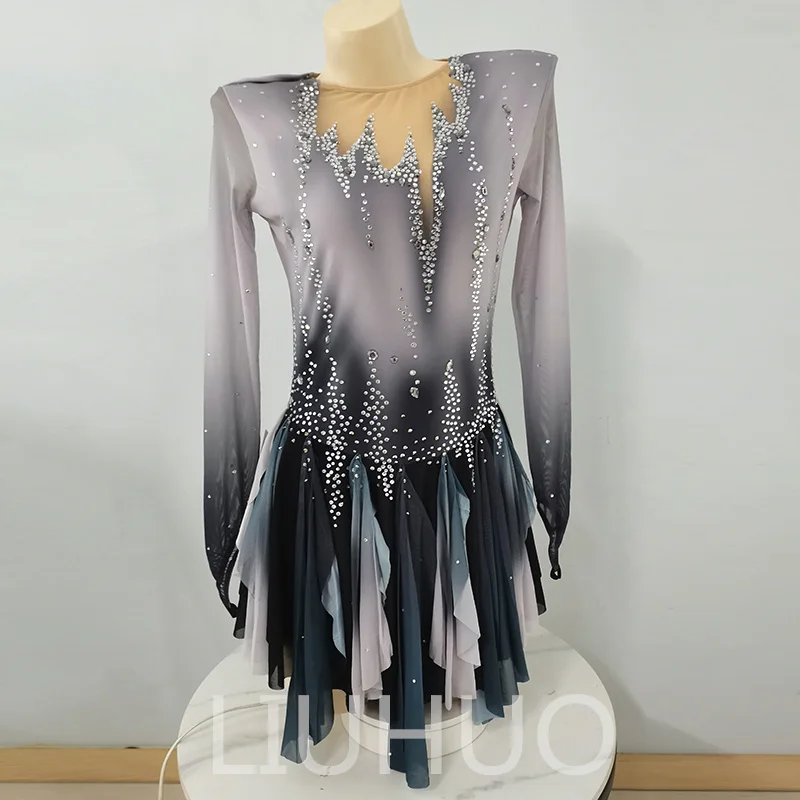 LIUHUO Professional Customized Figure Skating Girls\' Skating Skirt Stage Performance Dress Black Color with Rhinestones