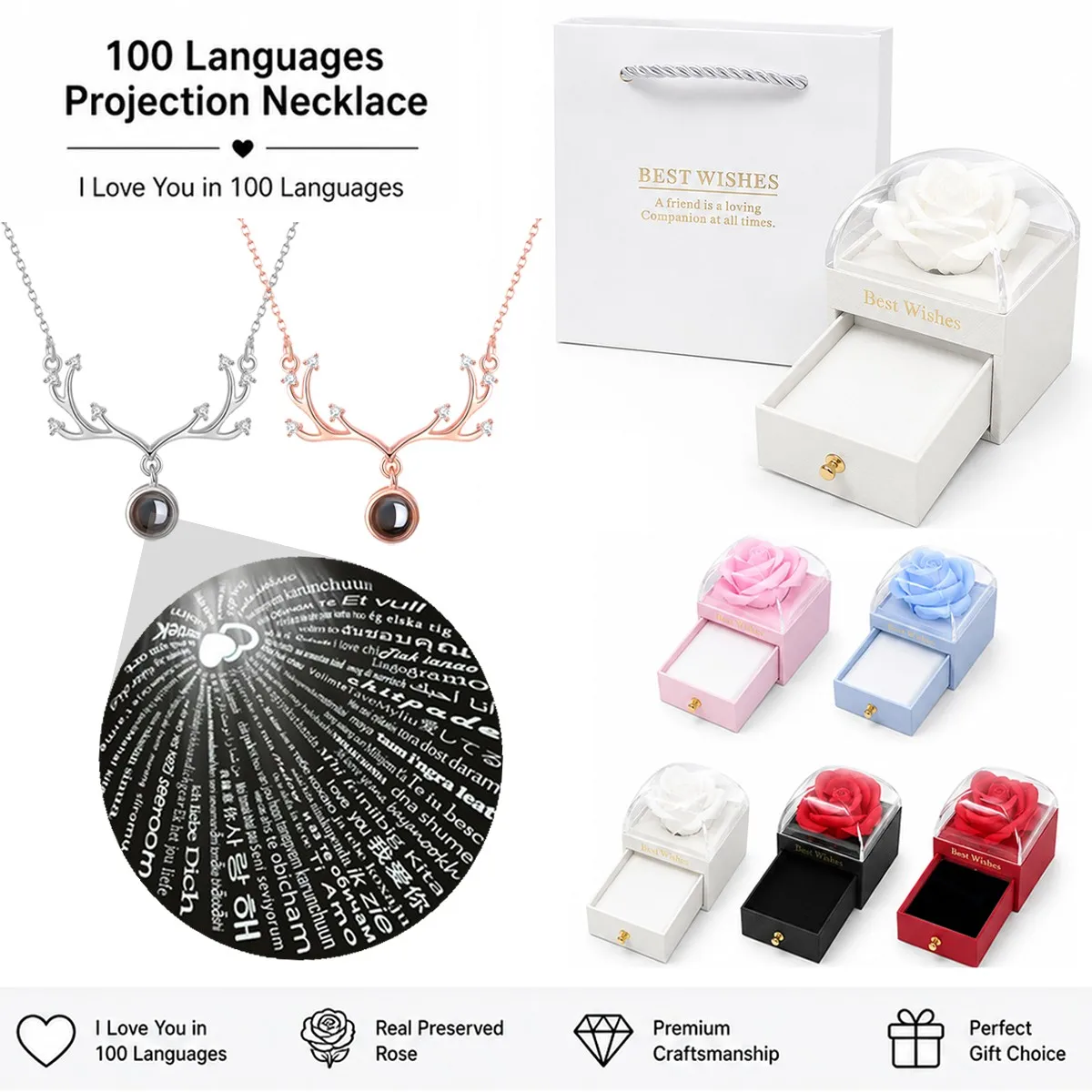 Antlers Pendant 100 Languages Projection Necklace With Rose Gift Box For Women Mother Christmas Valentine Birthday Jewelry