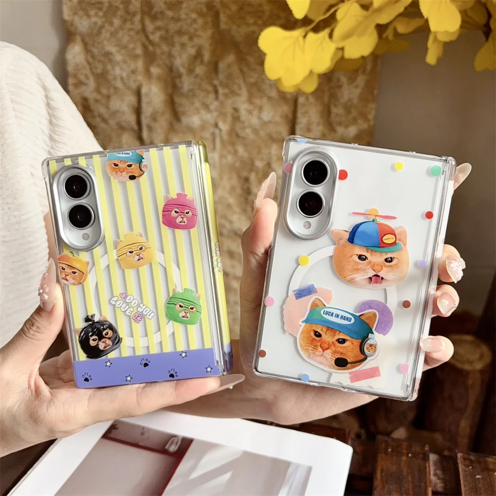Korean Cute Cat Flower Magnetic Phone Case For Samsung Galaxy Z Fold 8 Ultra Fold7  Cover with Chain For Magsafe Stand Cases