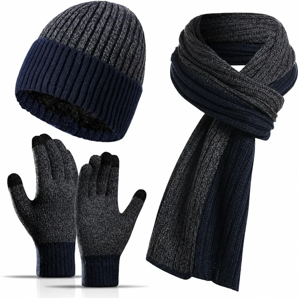 3Pcs/Set Warm Winter Hat Scarf Gloves Set Lining Thicken Knit Beanie Snood Set Soft Non Slip Scarf Neck Warmer Suit for Men
