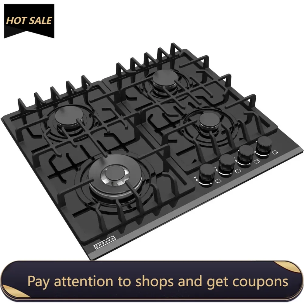 24 in. Gas Stove Cooktop with 4 Sealed Burners-Heavy Duty Continuous Grates-NG/LPG Convertible-Black Tempered Glass Surface