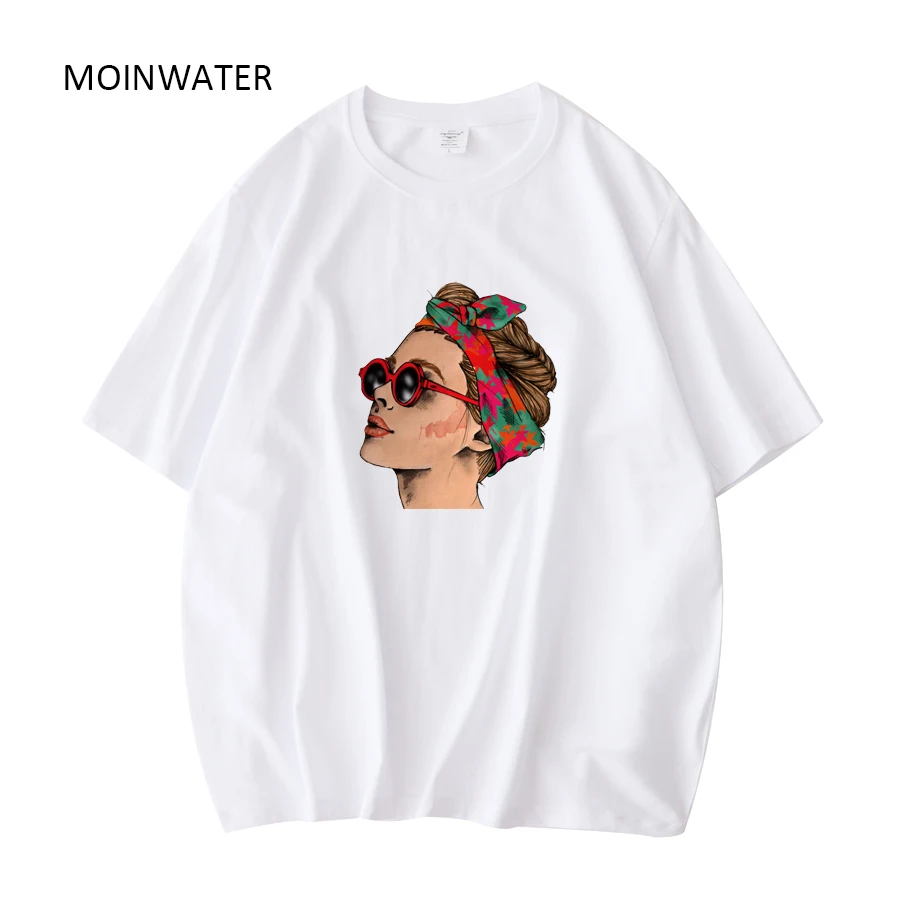 MOINWATER Women 100% Cotton Short Sleeve Casual Tees Tops Female Pink White Fashion Printed T shirts for Summer MT22020