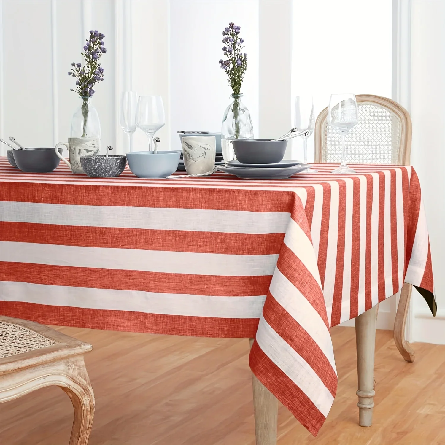 1 piece of red and white striped tablecloth, suitable for rectangular dining table, summer stylexzj