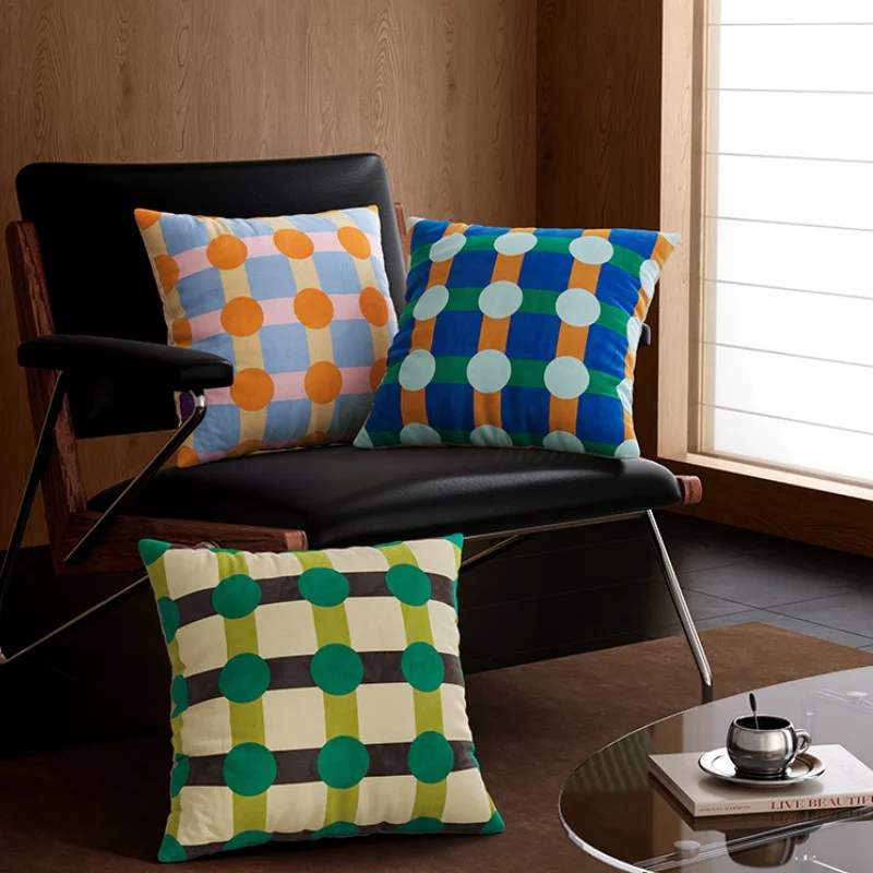 Round Check Geometric Pillows Soft Velvet Cushion Case Retro Square Decorative Pillow Cover For Sofa Chair Home Decorations