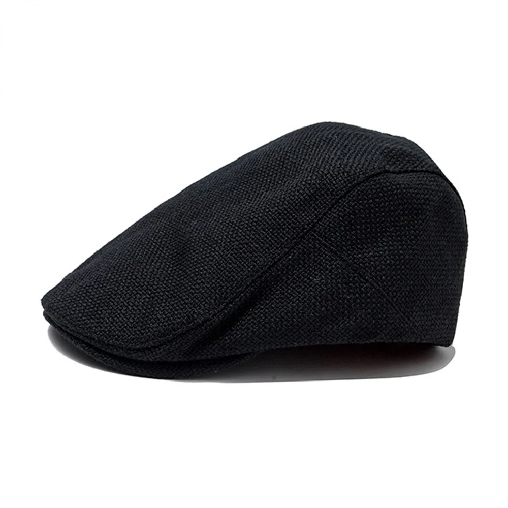 FLAT CAP Summer Mens Beret Linen Peaked Cap Adjustable Newsboy Cap Breathable Vintage Solid Black Ivy Duckbill Hat