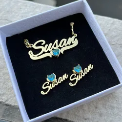DUOYING Custom Birthstone Necklace Heart Shape Colorful Zircon Letter Nameplate Earring Stainless For Baby Girl Jewelry Set