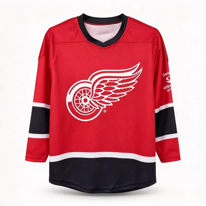 Winged Wheel Inspired 3D Print V-Neck Ice Hockey Jersey Red Black Striped Long Sleeve Sports Fan Top Men Women for Game Outfit