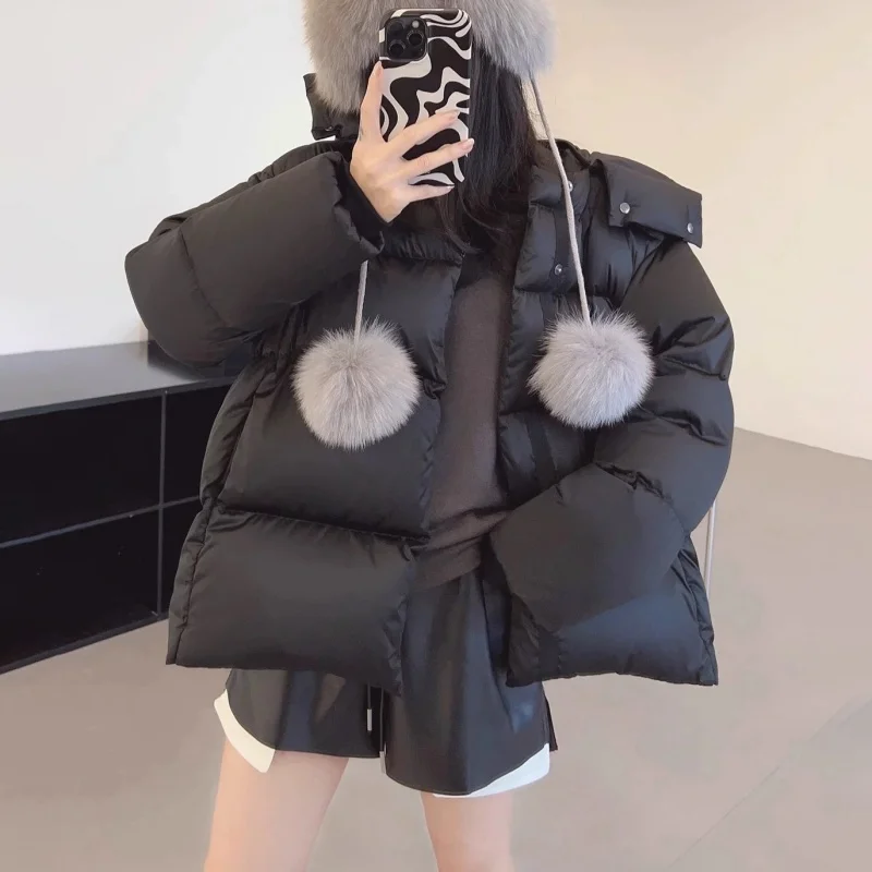 Inverno 2025 feminino engrossado quente com capuz jaqueta de alta qualidade moda high-street branco ganso para baixo casaco de pão fofo ao ar livre