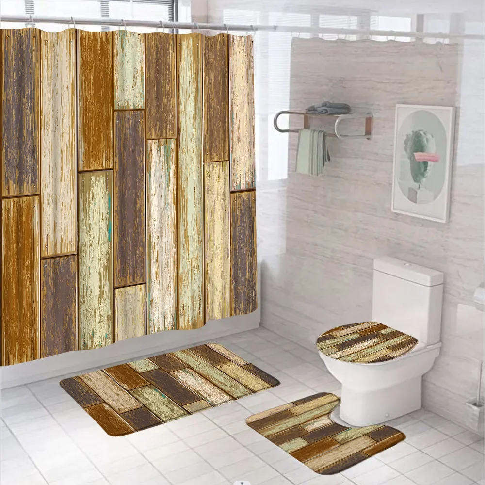 Vertical Lines Wooden Board Shower Curtain Sets Vintage Planks Fabric Bath Curtains Bathroom Mats Non Slip Rugs Lid Toilet Cover