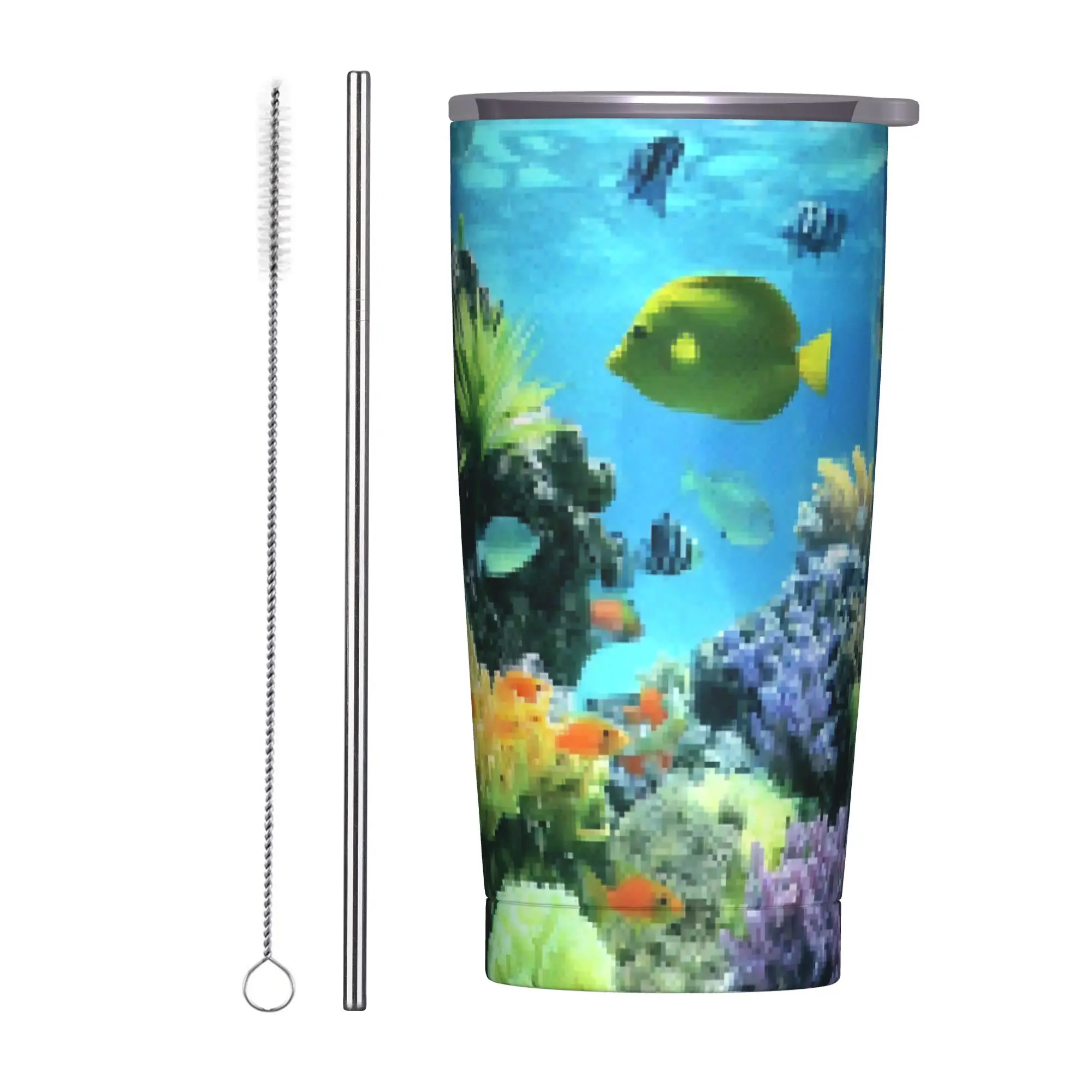 

Pixelated Fishtank Frutiger Aero Insulated Tumbler with Lid Vacuum Thermal Mug Double Wall Car Bottle Cup, 20oz