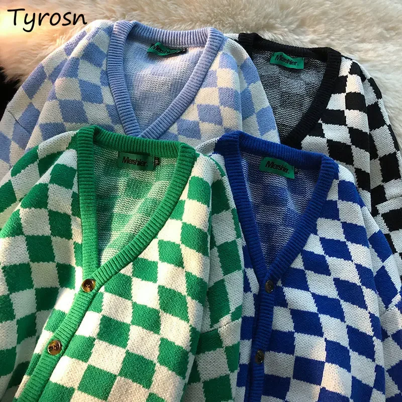 V-Neck Checkerboard Cardigans Loose Fashion Vintage Streetwear Women Knitwear Spring Autumn Outwear All Match Retro Leisure Ins