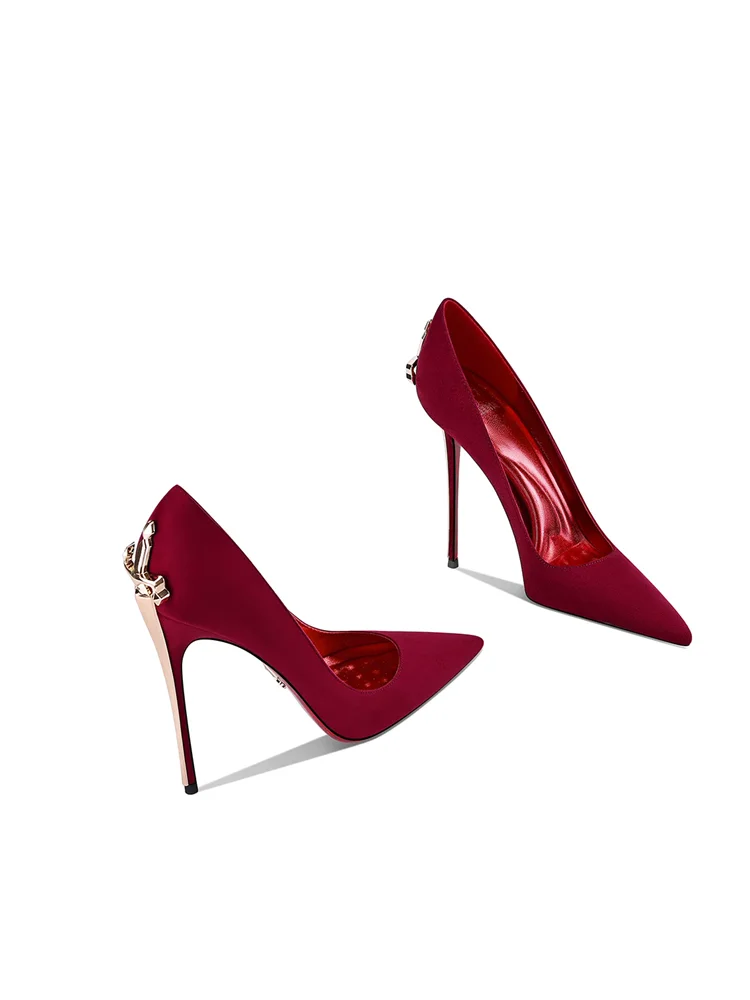 Burgundy Suede Printed Bottom Pointed Toe Stiletto Heels 2026 Spring New Banquet Dress Large Size Small Size Women's Shoes