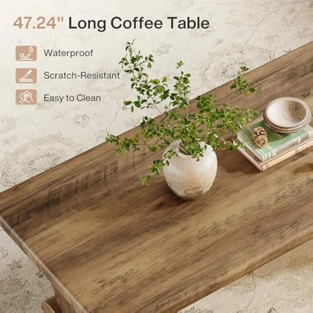 طاولة قهوة كبيرة على طراز المزرعة الخشبية الهندسية مع قاعدة قوية