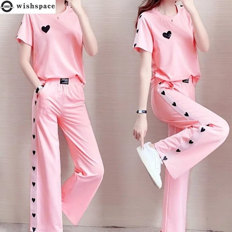 2022 Summer New Plus Size Leisure Sports Women\'s Suit Pink Love T-shirt Loose Wide Leg Pants Two-piece Set Female Tracksuit