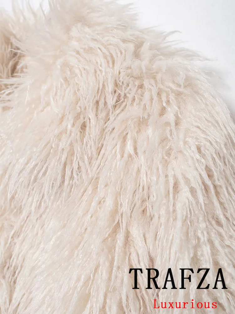 TRAFZA Vintage Casual Chic Women Fur Coat Solid O-Neck Single Breasted Thick Faux Fur Top Fashion 2024 Autumn Winter Holiday Top