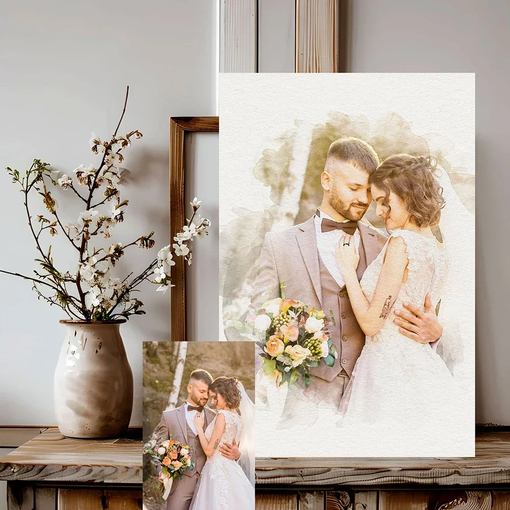 Watercolor Couple Portrait Photo Custom Wall Art, Wedding Anniversary Poster Personalized Art Print, Engagement Gift