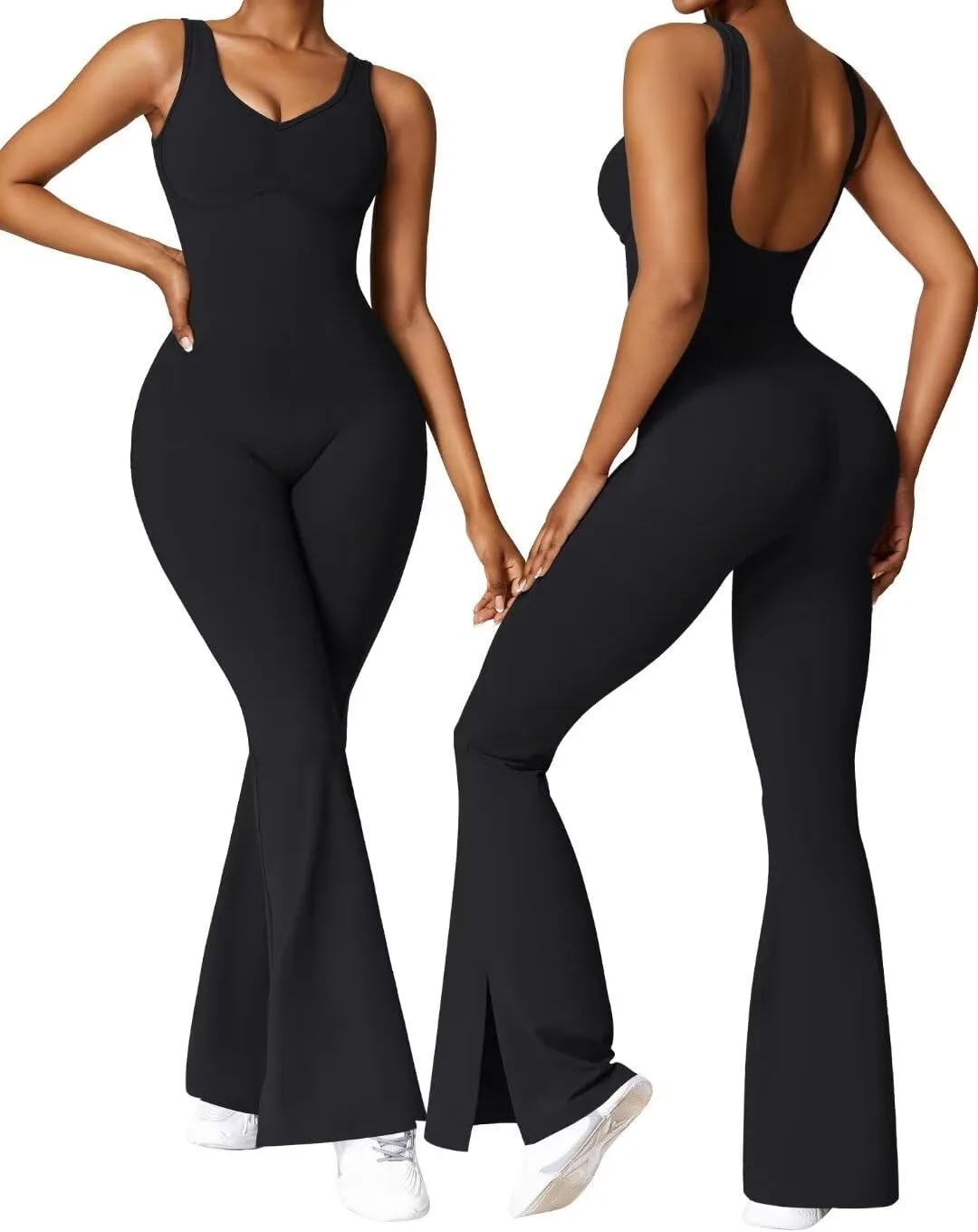 

1Pc Black Sleeveless Flare Yoga Jumpsuits Sexy Shapewear,All-in-one Training, Fitness, and Sports Jjumpsuit, U Back Flared Pants