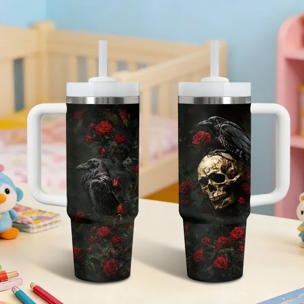 Gothic style crows Vacuum Flasks 40oz Stainless Steel Insulated Tumbler with Handle & Straw Leakproof Travel Mugorders for other colors will be shipped randomly in black or white