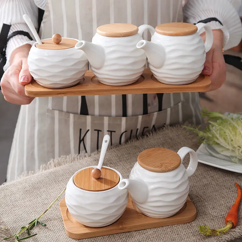 

Ceramic Spice Jars Set Table Spice Container Box Oil Jug Sugar Bowl Coffee Kitchen Storage Accessories with Bamboo Lid and Tray.