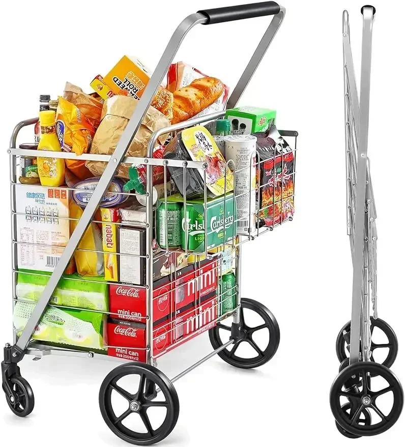 Wellmax Shopping Cart, Metal Grocery Carts For Groceries, Folding Cart For Convenient Storage And Holds Up To 160lbs