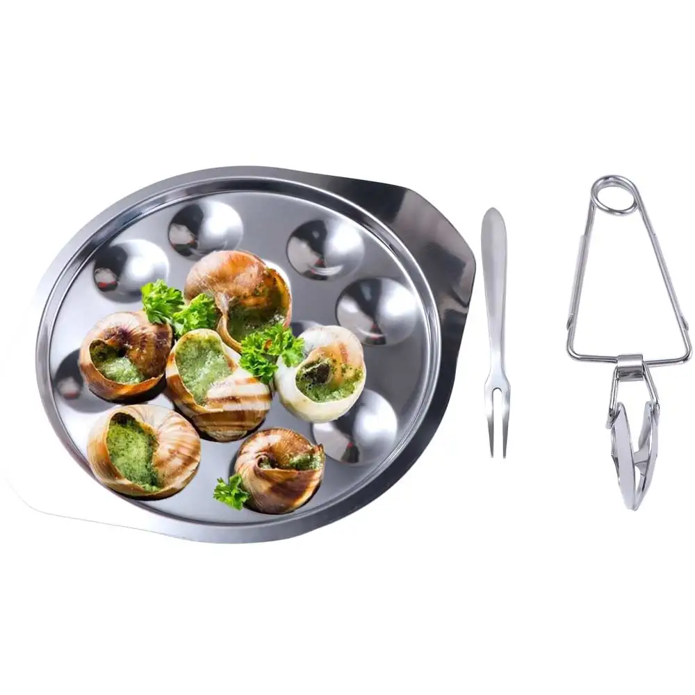 

3PCS/SET Stainless Steel Escargot Serving Tray Elegant Round Seafood Plates C Claws with 12 Holes Oyster Plate Kitchen