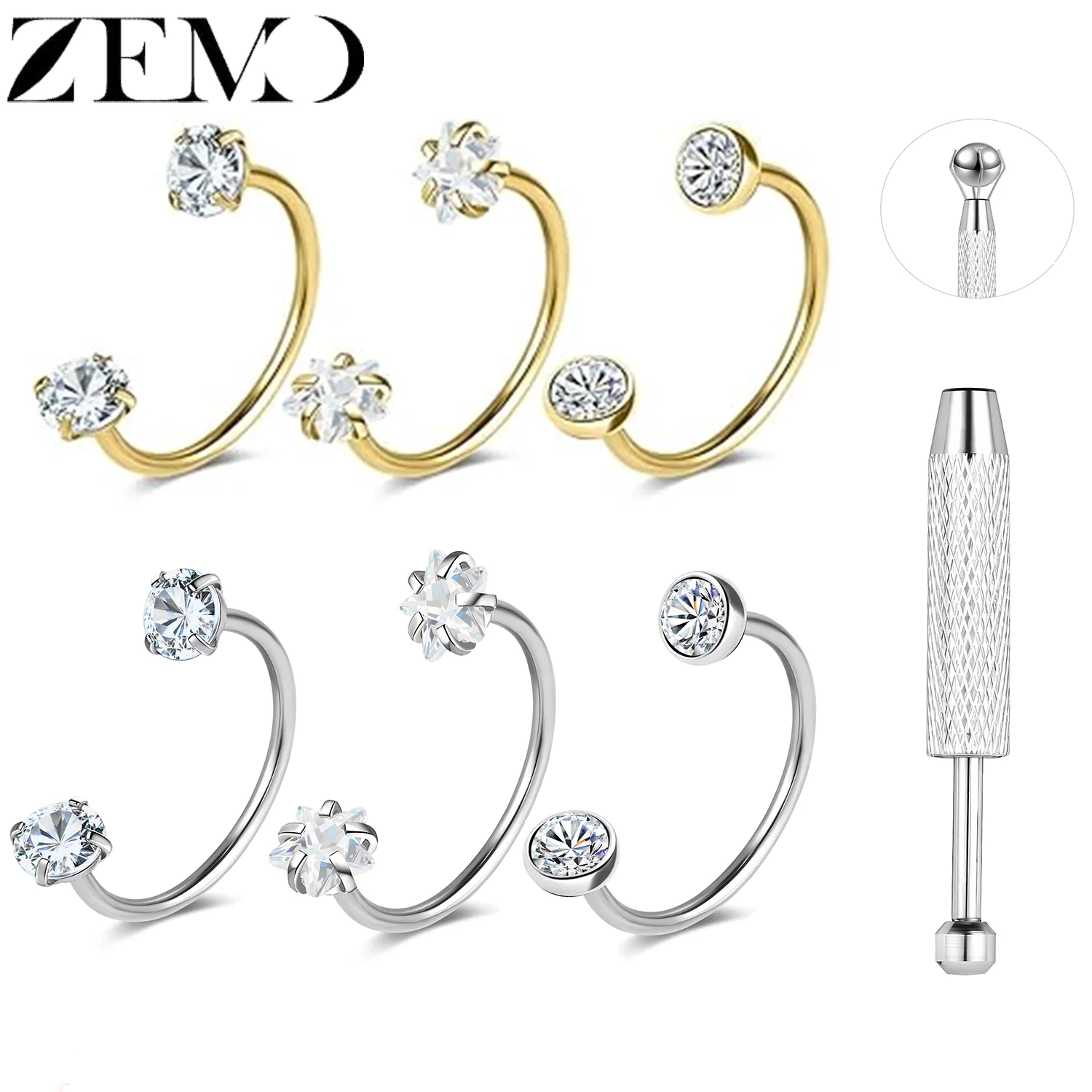 ZEMO 1 Stück 18G Hufeisen-Nasenring Edelstahl Doppel-CZ-Kristall Septum-Ringe Knorpel-Ohrringe Lippen-Helix-Piercings 8MM/10MM