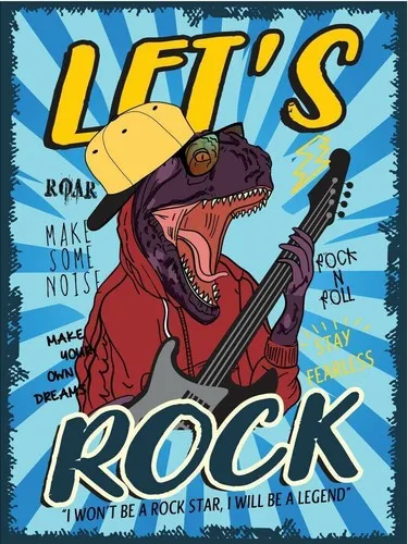 Metal plaque vintage retro style Dinosaur Let;s Rock Classic tin door sign