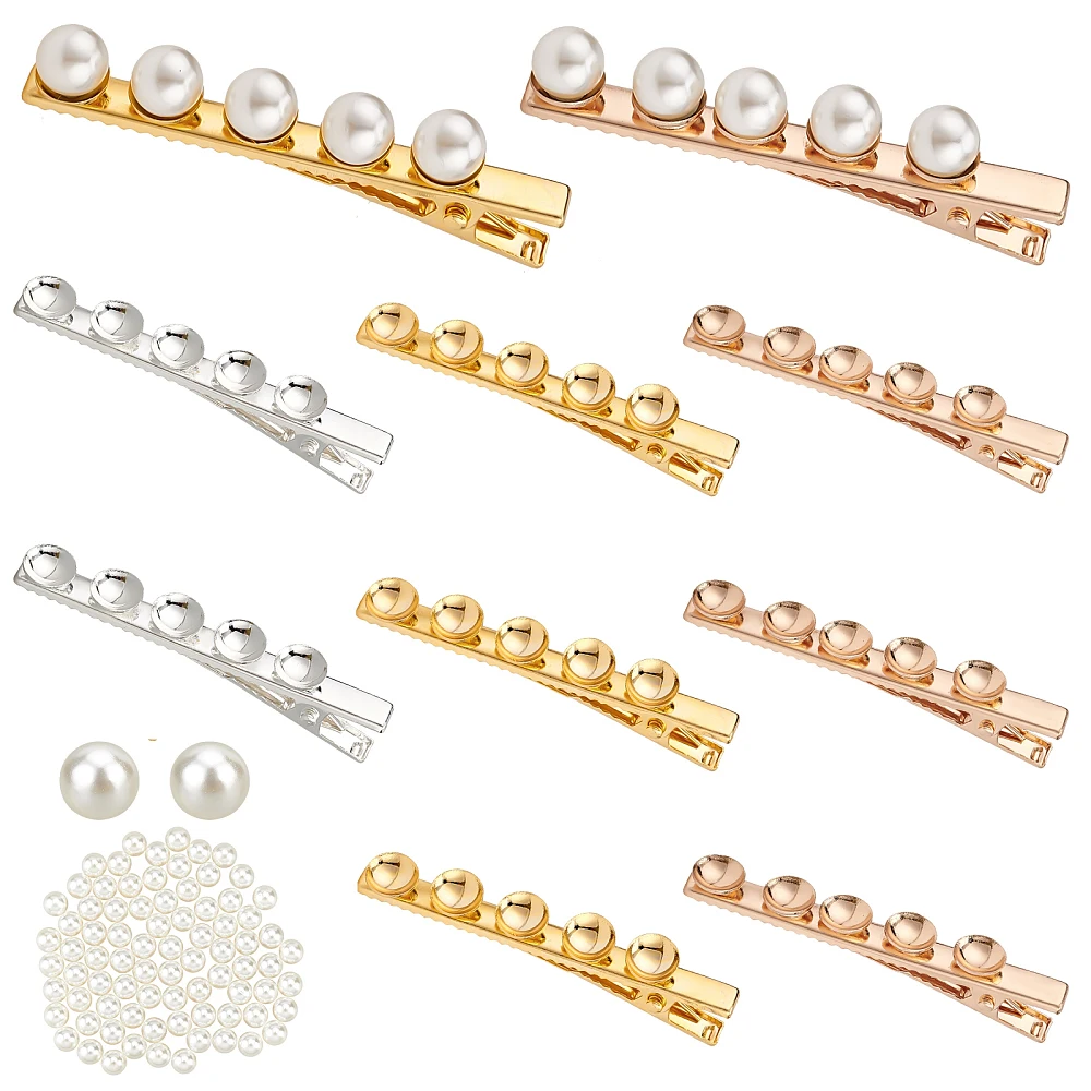 

DIY Imitation Pearl Beaded Iron Hair Clips Making Kit with Round Acrylic Beads Mixed Color 92pcs/box