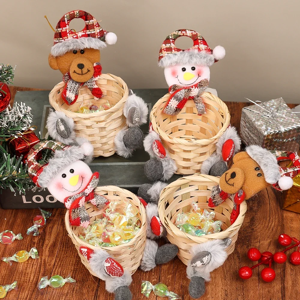 Bamboo Weaving Christmas Candy Basket Snowman Elk Chocolates Candy Bisuits Storage Basket Xmas Table Decor Children Gifts Boxes