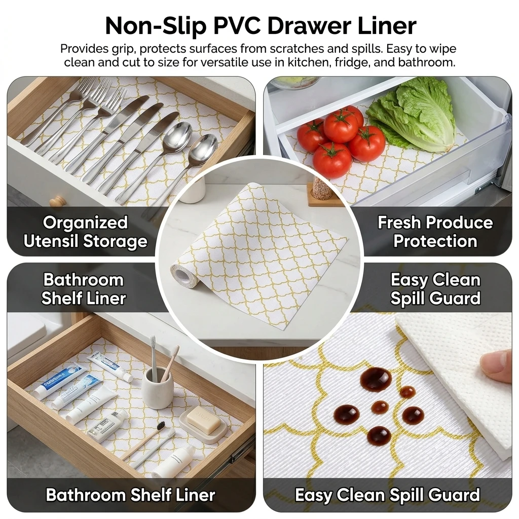 Shelf Liner Waterproof Non Slip Drawer Mat for Kitchen Cabinets Oil Proof PVC Fridge Pad Washable Cuttable Home Organizer