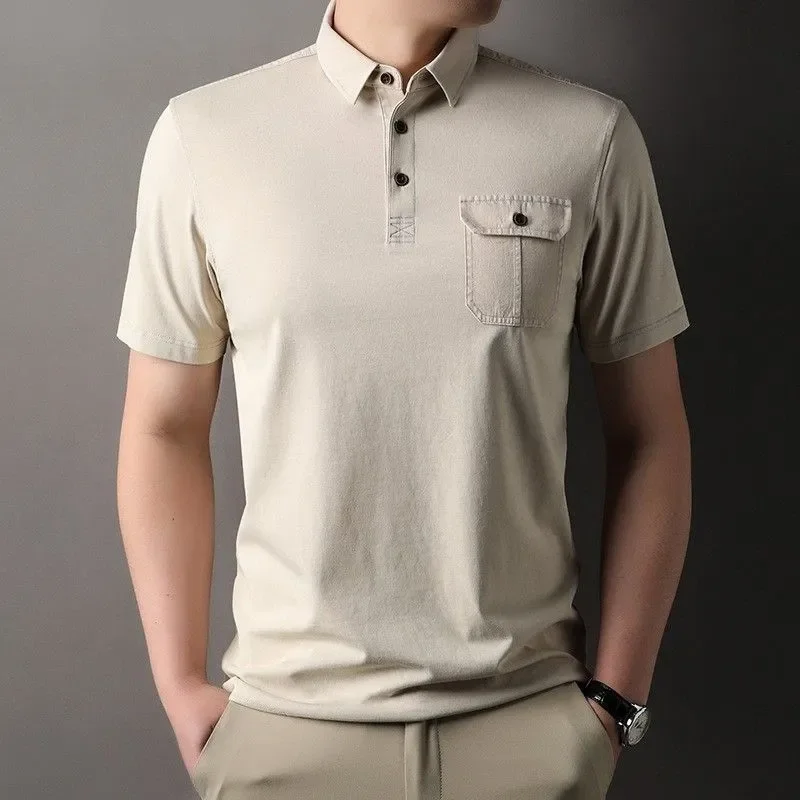 Washed Vintage T-Shirt Polo Shirt for Middle-Aged and Elderly Men, Solid Color Casual Top, British Style with Pockets, Washed and Distressed Craftsmanship, Nostalgic Retro Style with Faded Effect
