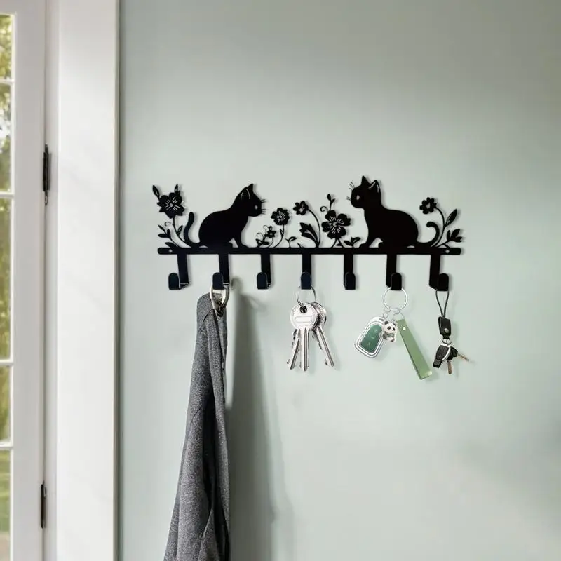 Cat Key Holder Flower Cat Key Rack with Hooks Iron Key Hooks Coat Towel Rack Wall Decorative for Entryway Doorway Hallway Garage