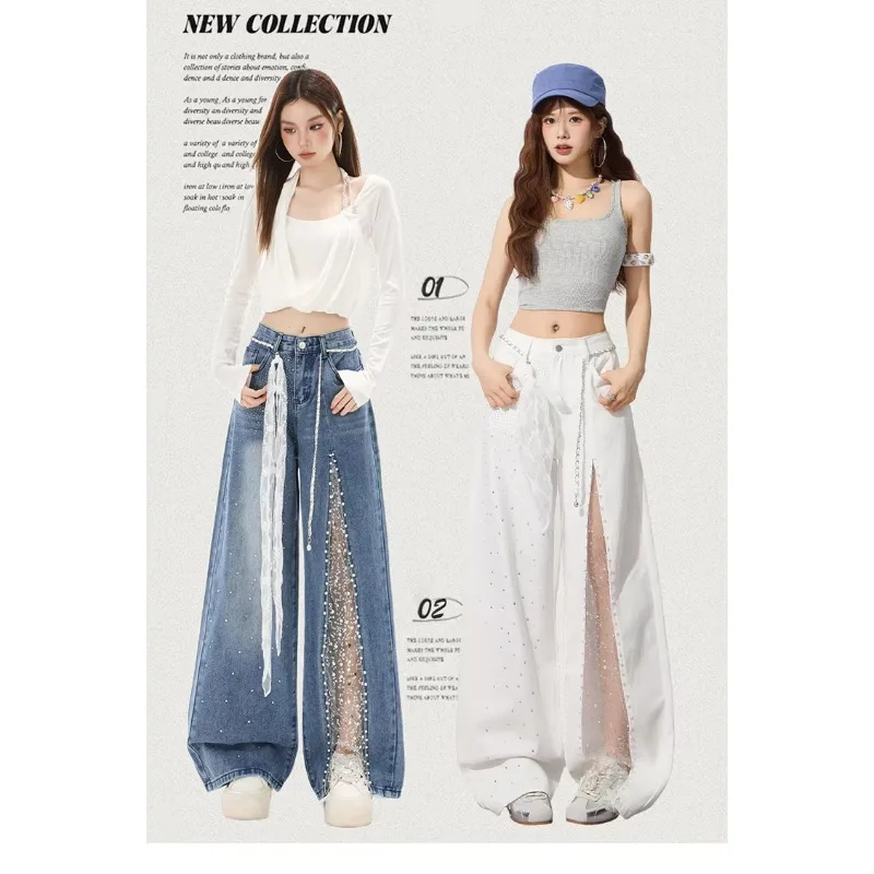 Women Jeans Pants Baggy Jeans Spring Flare Trousers Lace Applique Crystal Wide Leg Pearl Slit Distressed Design
