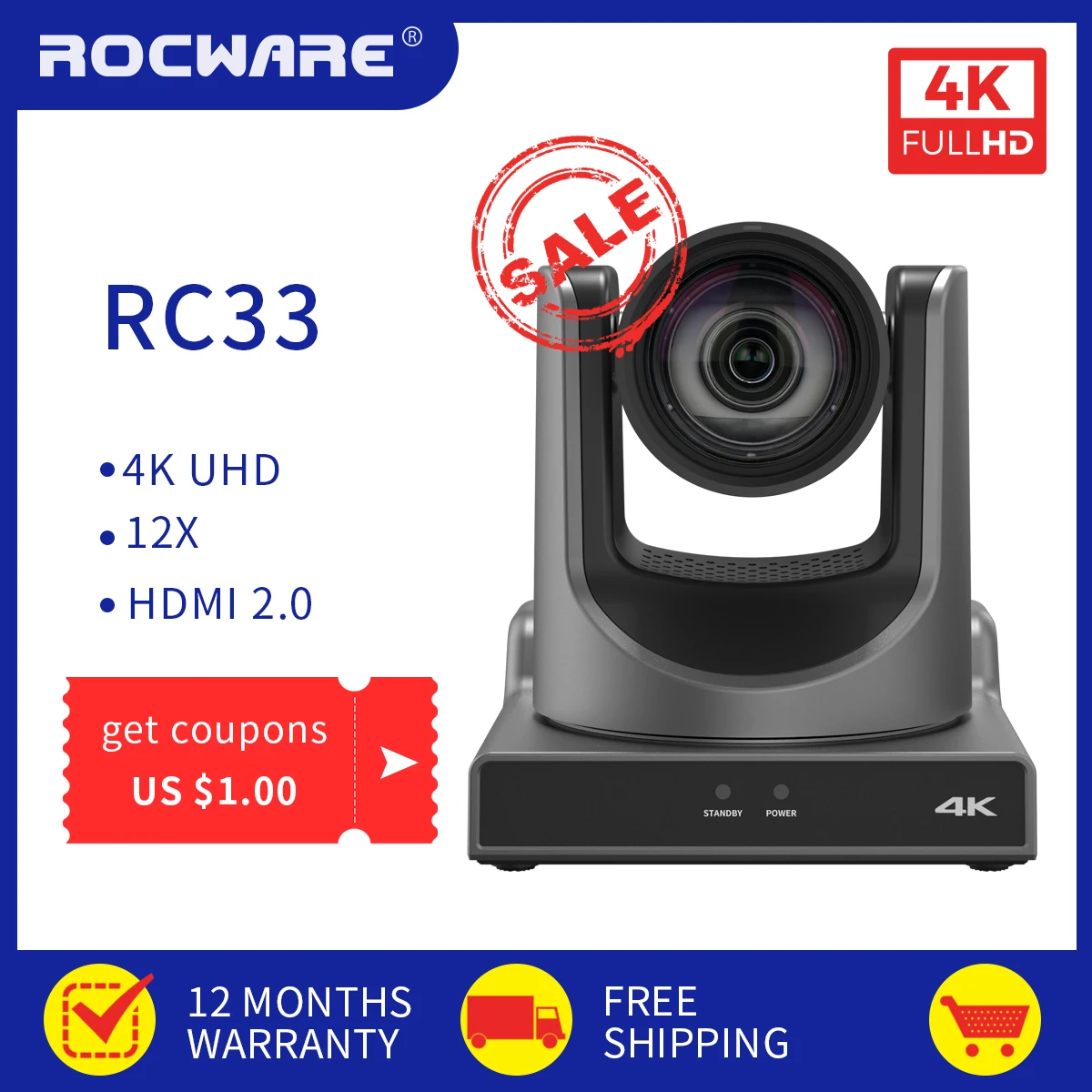

ROCWARE RC33 4K Video Conference Camera HDMI2.0 12x Optical Zoom 71° Wide-angle For Church Business Metting Camera