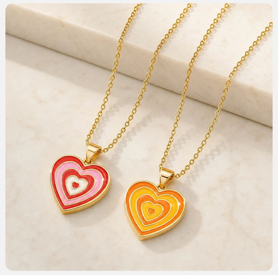 Vnox Niedliche Bunte Herzanhänger-Halskette für Frauen, Vergoldet, Emailliert, Mehrschichtige Farbige Halskette, Y2K-Schmuck – Detail 6