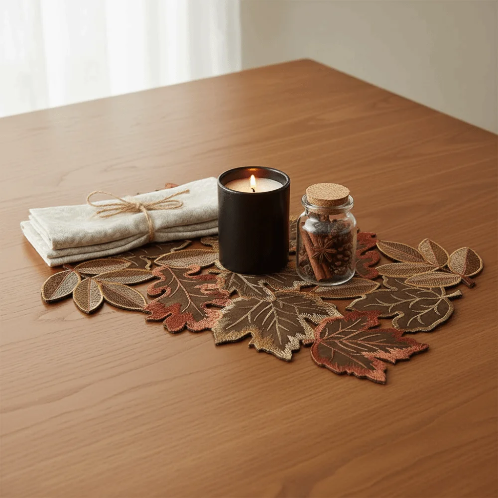 Rustic Style Maple Leaf Embroidered Table Runner Decorative Rectangular Maple Leaf Placemat Hollow Design Brown Table Liner